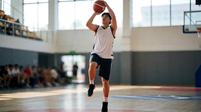 篮球比赛现场球员跃起投篮的比赛画面
